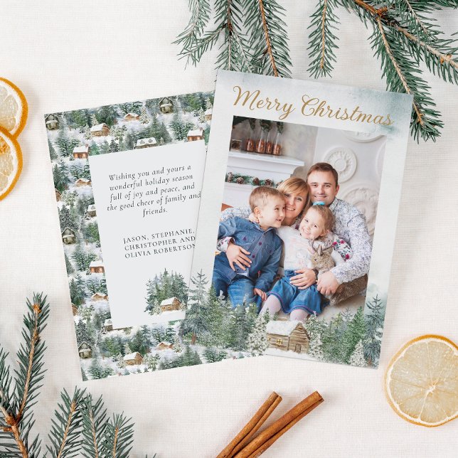 Watercolor Rustic Woodland Christmas Cabin Photo Holiday Card (Creator Uploaded)