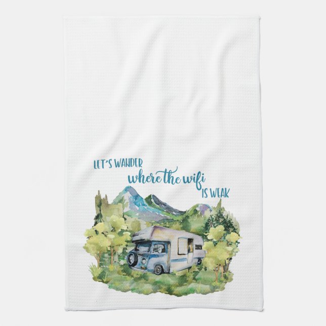 Watercolor RV Motorhome Camping Scene Tea Towel (Vertical)