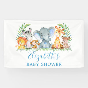 Watercolor Safari Animals Baby Shower Blue Banner