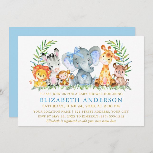 Watercolor Safari Animals Baby Shower Blue Bow Invitation (Front/Back)