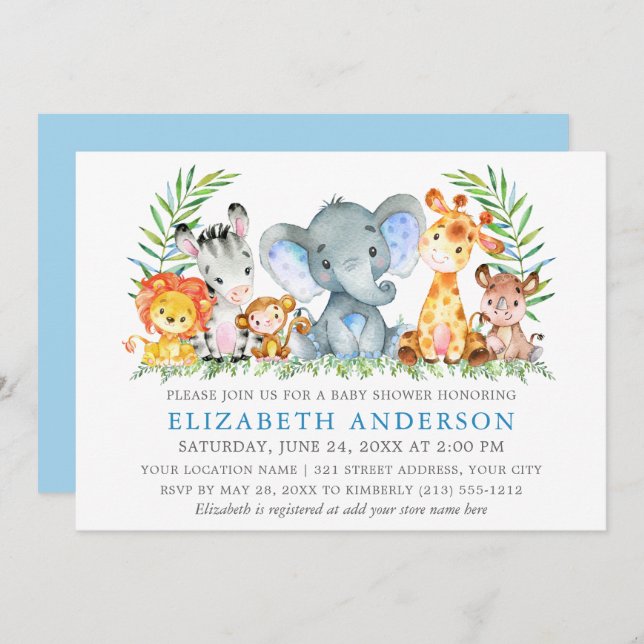 Watercolor Safari Animals Baby Shower Blue Silver Invitation (Front/Back)