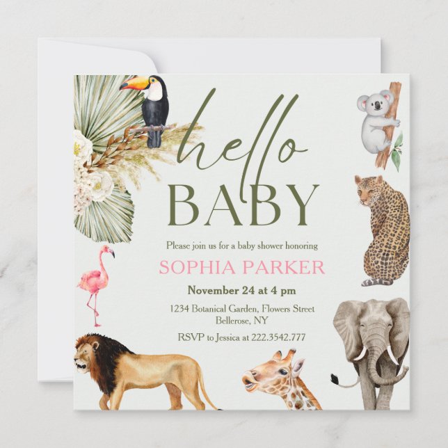 Watercolor Safari Animals Baby Shower Invitation (Front)