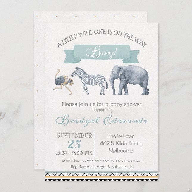 Watercolor Safari Animals Baby Shower Invitation (Front/Back)