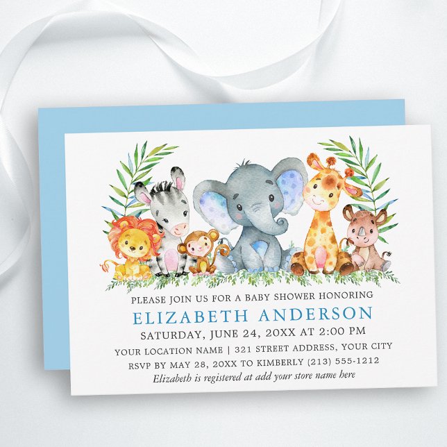 Watercolor Safari Animals Baby Shower Light Blue Invitation (Customize to change text color, size, text style or change color of back of card.)
