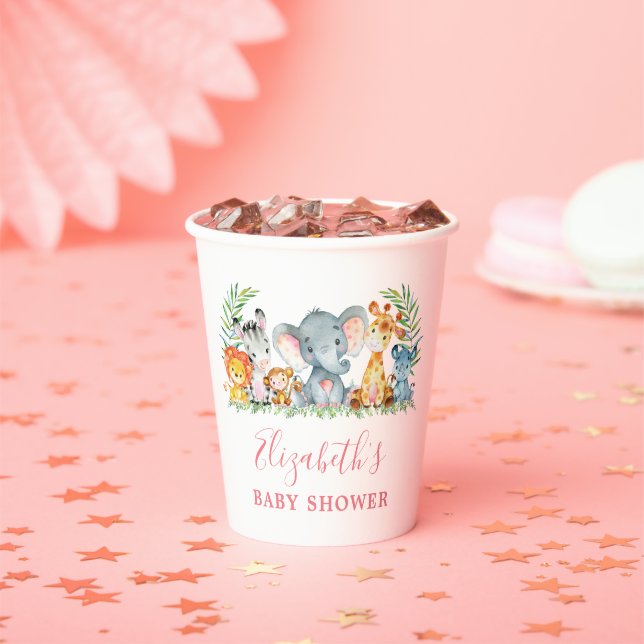 Watercolor Safari Animals Baby Shower Pink Paper Cups (Insitu)