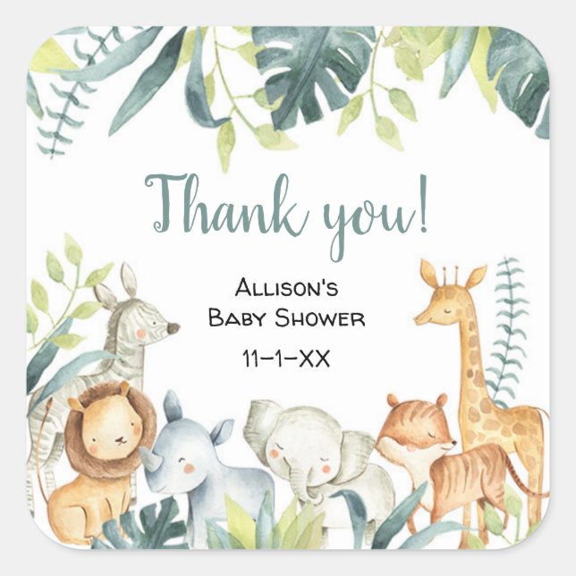 Watercolor safari animals baby shower square sticker (Front)