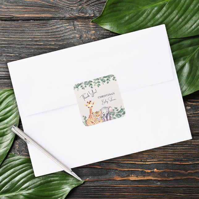 Watercolor Safari Animals Baby Shower Thank You Square Sticker (Creator Uploaded)