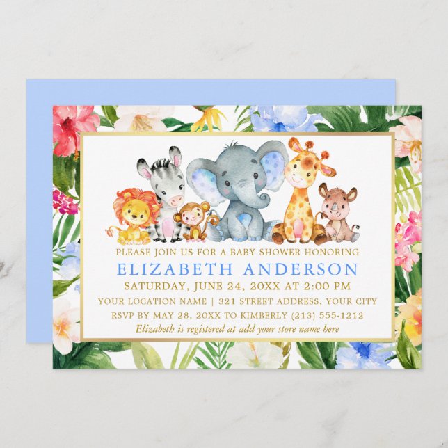 Watercolor Safari Animals Baby Shower Tropical Invitation (Front/Back)