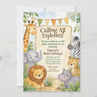 Watercolor Safari Animals Birthday Party Invitation