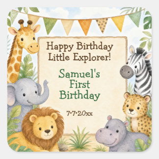 Watercolor Safari Animals Birthday Party Square Sticker