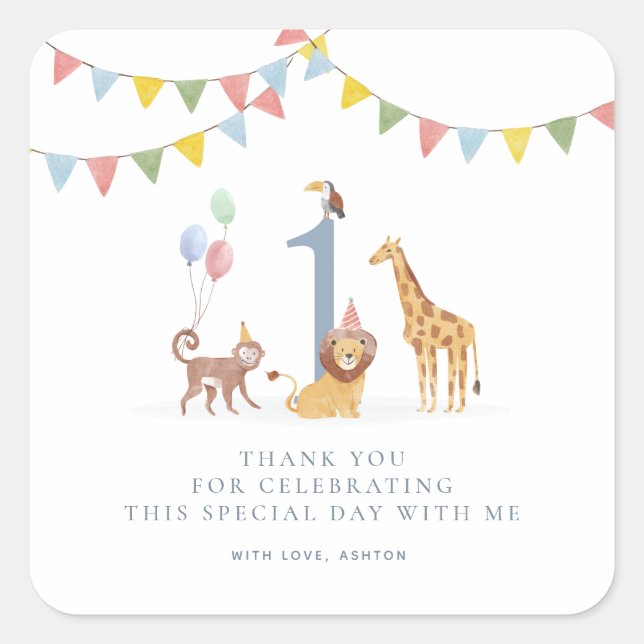 Watercolor Safari Animals Birthday Thank You Stick Square Sticker (Front)