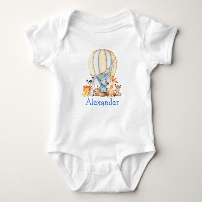Watercolor Safari Animals Blue Air Balloon Baby Bodysuit (Front)