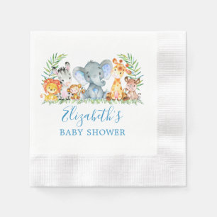 Watercolor Safari Animals Blue Baby Shower Napkin