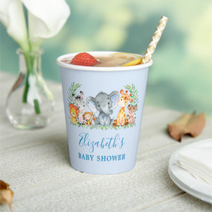 Watercolor Safari Animals Blue Baby Shower Paper Cups