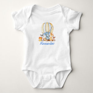 Watercolor Safari Animals Blue Bow Air Balloon Baby Bodysuit