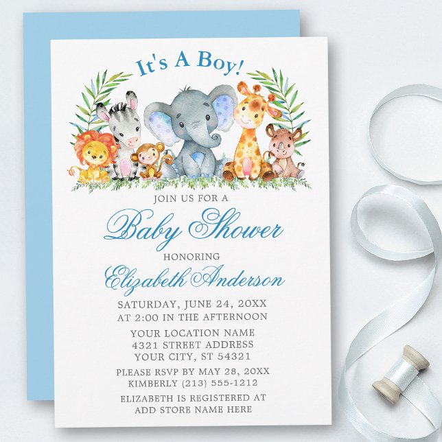 Watercolor Safari Animals Blue Script Baby Shower Invitation (Customize to change text color, size, style or to change color of back of card.)