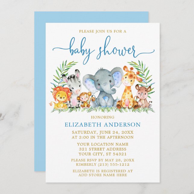 Watercolor Safari Animals Blue Script Shower Gold Invitation (Front/Back)