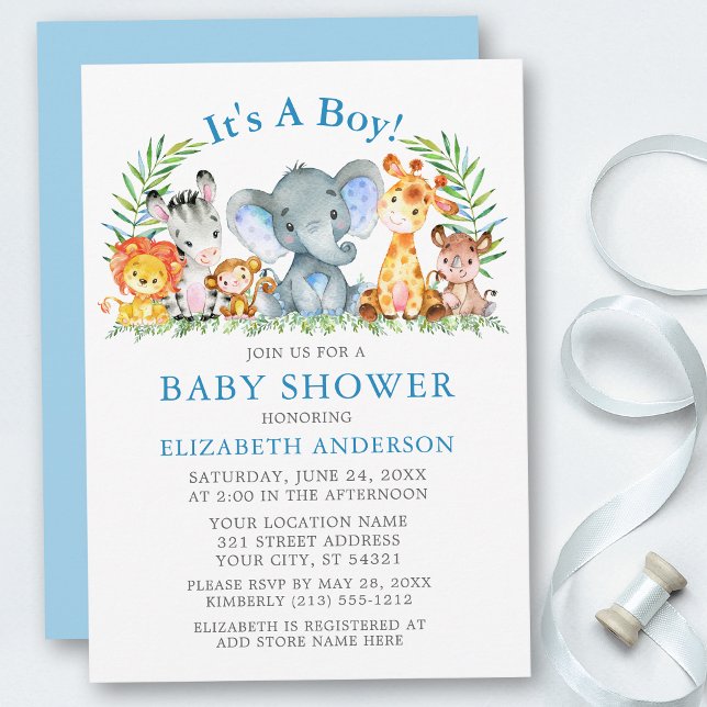 Watercolor Safari Animals Boy Blue Baby Shower Invitation (Customize to change text color, size or text style.)
