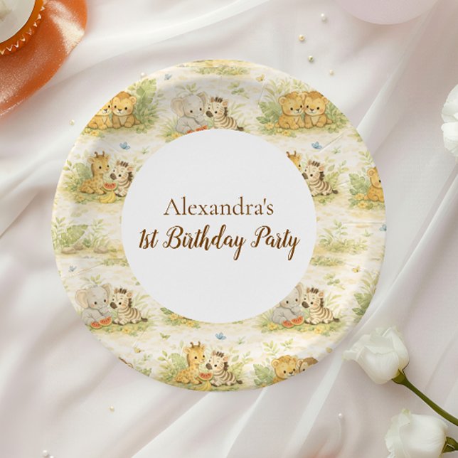 Watercolor Safari Animals First Birthday Paper Plate (Creator Uploaded)