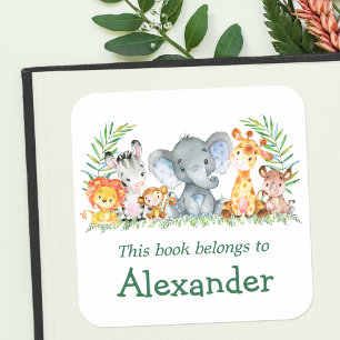 Watercolor Safari Animals Green Bookplate Label