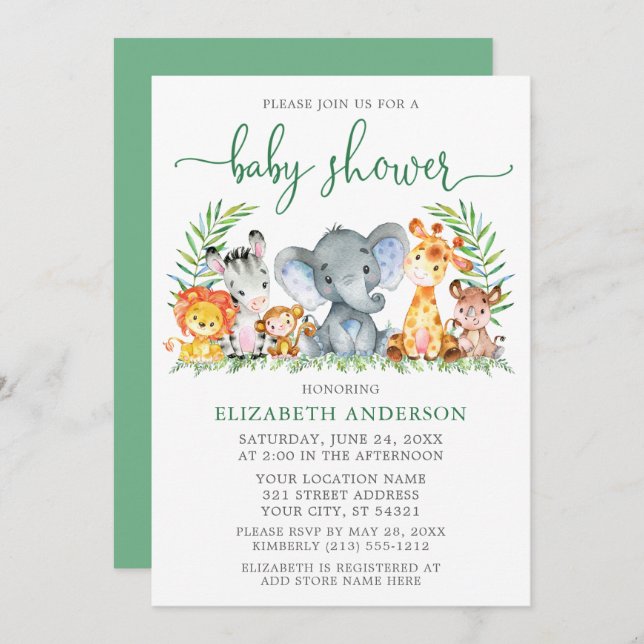 Watercolor Safari Animals Green Script Baby Shower Invitation (Front/Back)