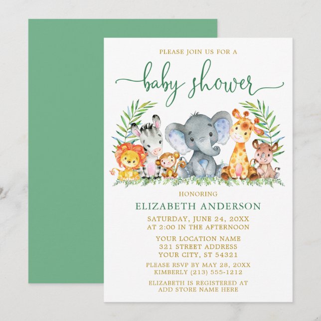 Watercolor Safari Animals Green Script Shower Gold Invitation (Front/Back)