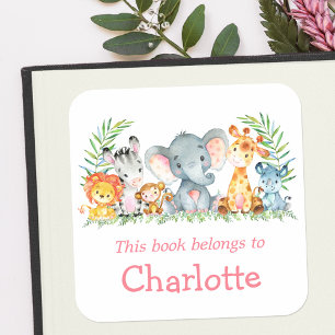 Watercolor Safari Animals Pink Bookplate Label