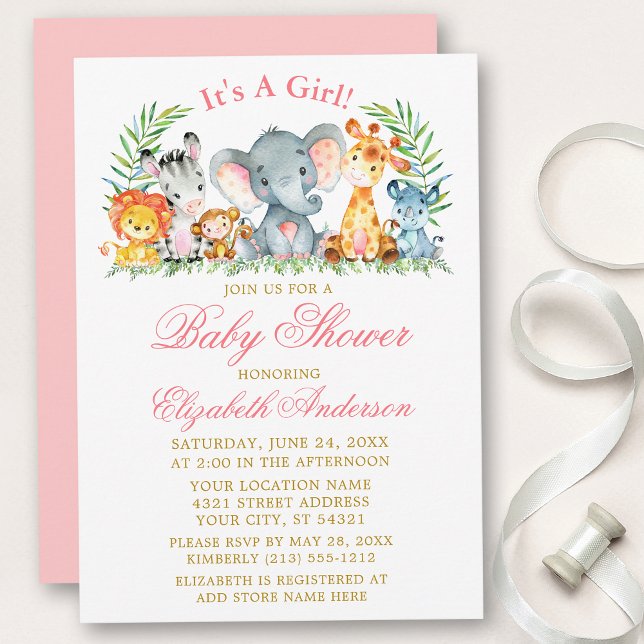 Watercolor Safari Animals Pink Script Baby Shower Invitation (Customize to change text color, size, style or to change color of back of card.)
