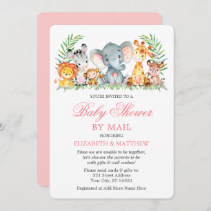 Watercolor Safari Animals Pink Shower by Mail Invitation