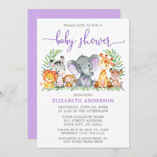Watercolor Safari Animals Purple Shower Invitation
