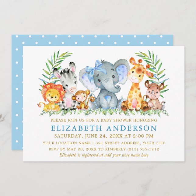 Watercolor Safari Animals Shower Blue Bow Dots Invitation (Front/Back)