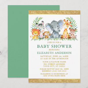 Watercolor Safari Animals Shower Glitter Green Invitation