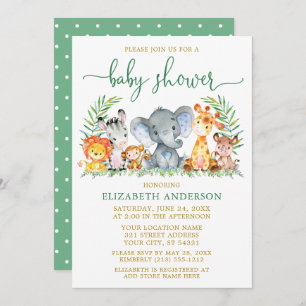 Watercolor Safari Animals Shower Green Script Gold Invitation