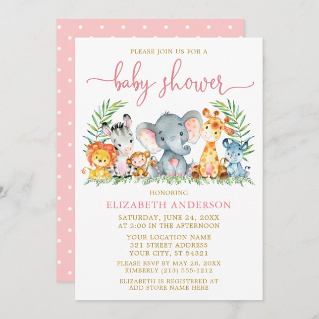 Watercolor Safari Animals Shower Pink Script Gold Invitation (Front/Back)