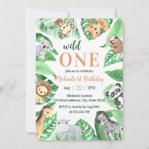 Watercolor Safari Animals Wild One 1st Birthday Invitation