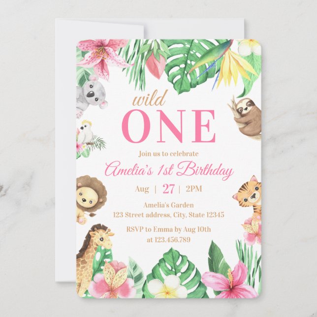 Watercolor Safari Animals Wild One 1st Birthday Invitation (Front)