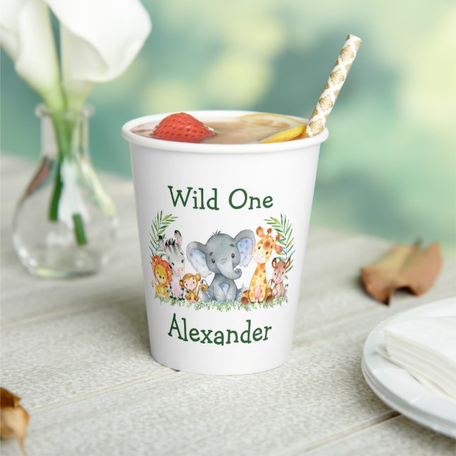 Watercolor Safari Animals Wild One 1st Birthday Paper Cups (Insitu)