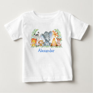 Watercolor Safari Baby Animals Blue Elephant Baby T-Shirt