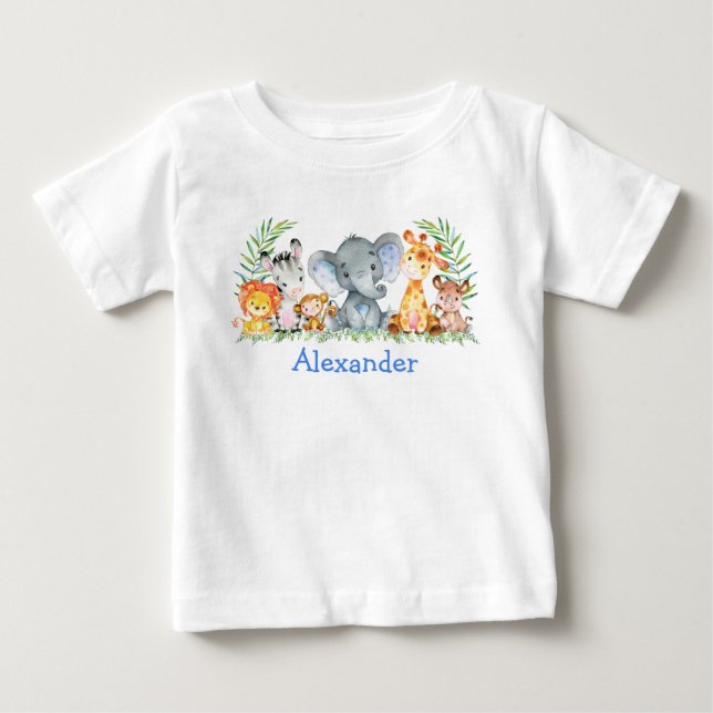 Watercolor Safari Baby Animals Blue Elephant T-Shirt (Front)