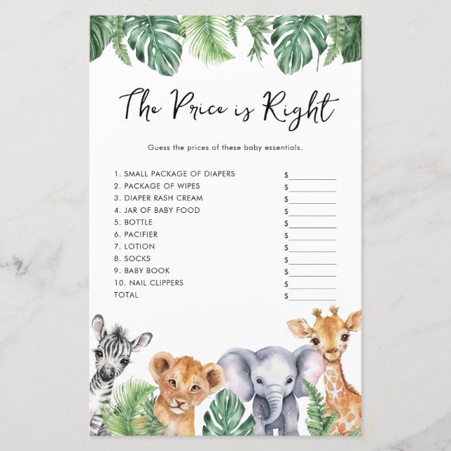Watercolor Safari Baby Shower The Price Is Right (Front)