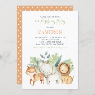 Watercolor Safari Friends Kids Birthday Party Invitation