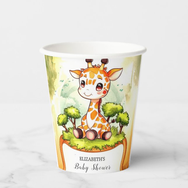 Watercolor Safari Giraffe Baby Shower Paper Cups (Front)