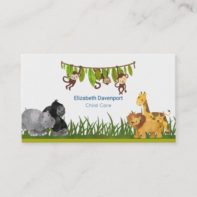 Watercolor Safari Jungle Animal Illustration Business Card (Front)
