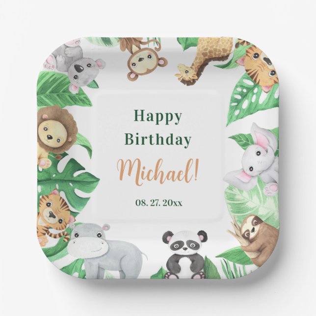 Watercolor Safari Jungle Animals Birthday Paper Plate (Front)