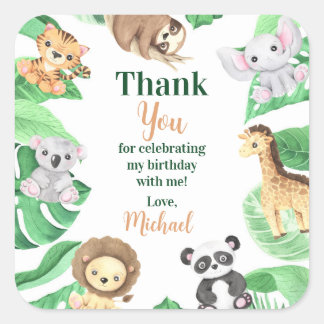 Watercolor Safari Jungle Animals Birthday Thank Square Sticker