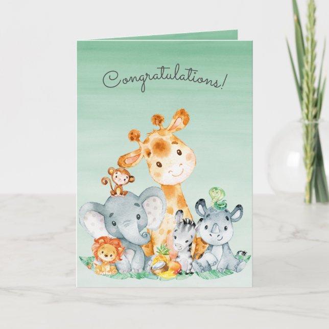 Watercolor Safari Jungle Animals Congratulations Card (Front)