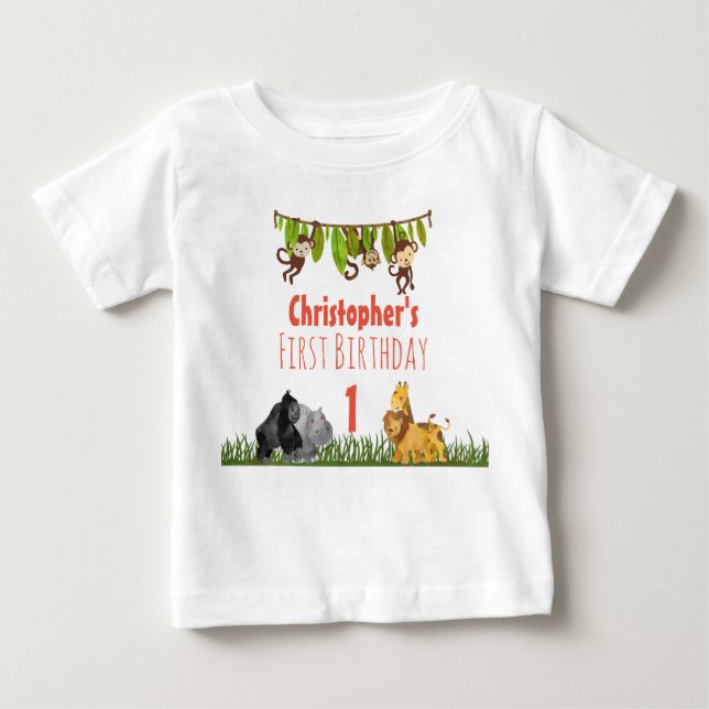 Watercolor Safari Jungle Animals First Birthday Baby T-Shirt (Front)