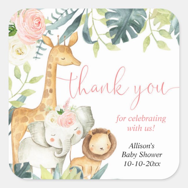Watercolor safari jungle animals girl baby shower square sticker (Front)