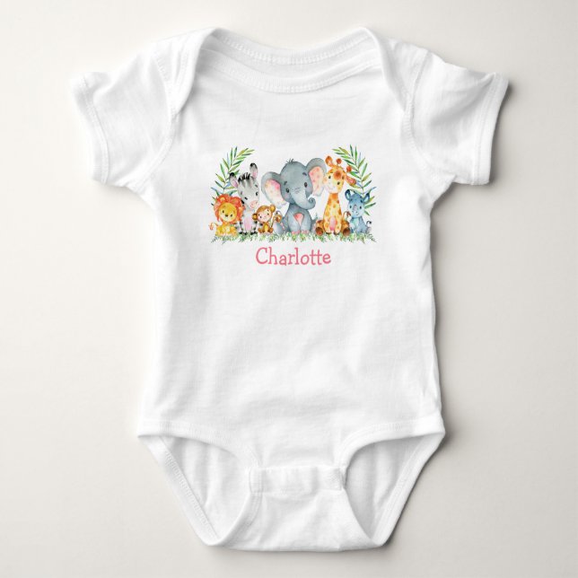 Watercolor Safari Jungle Cute Baby Animals Bodysuit (Front)