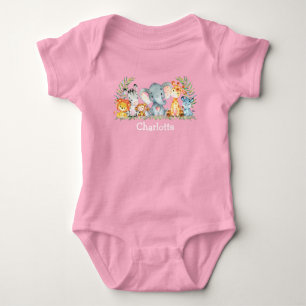 Watercolor Safari Jungle Cute Baby Animals Pink Bodysuit